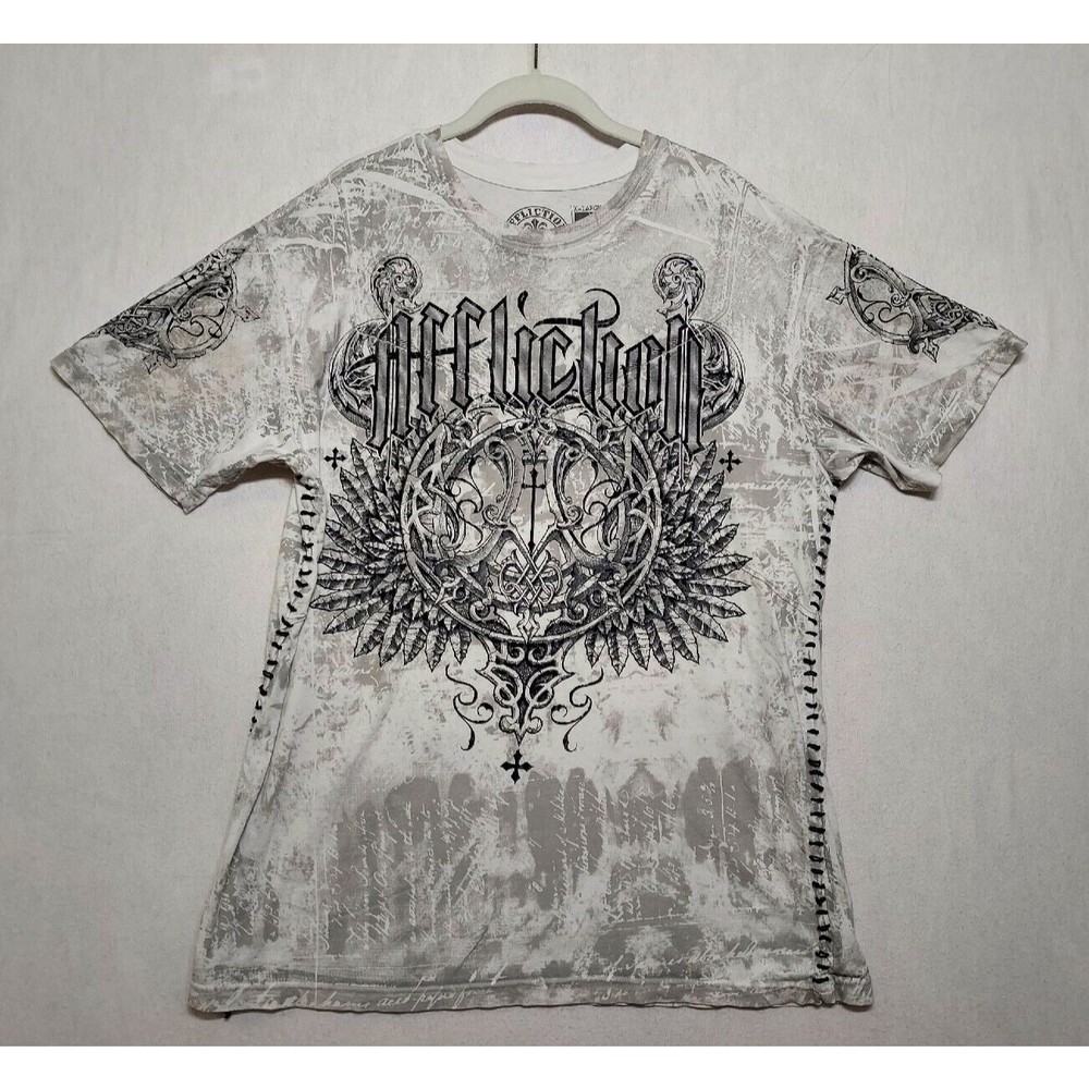 Affliction Fortified Short Sleeve Flocked Graphic T-Shirt Men XL Whipstitch Yarn